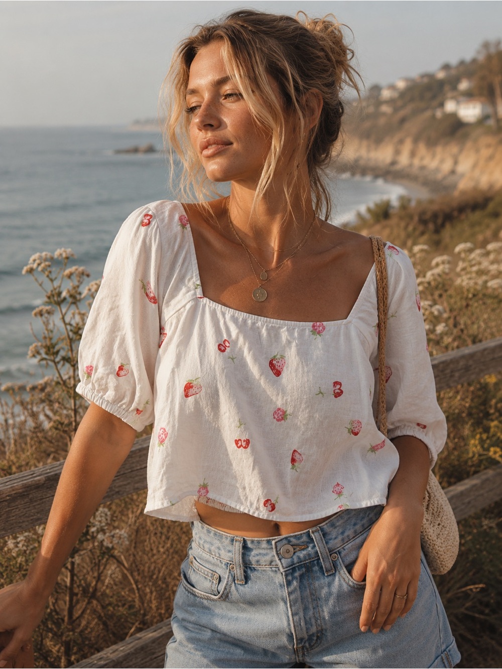 BP Strawberry Print Cottagecore Linen Puff Sleeve Top L